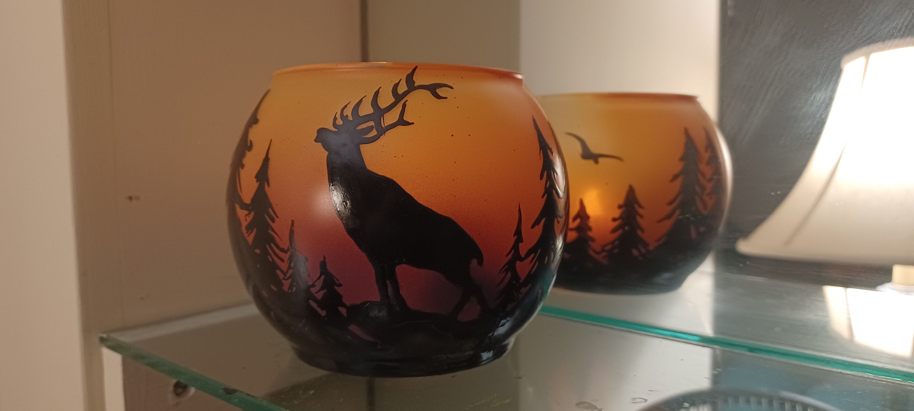 Sunset and deer handpainted candle holder - Thumbnail 3