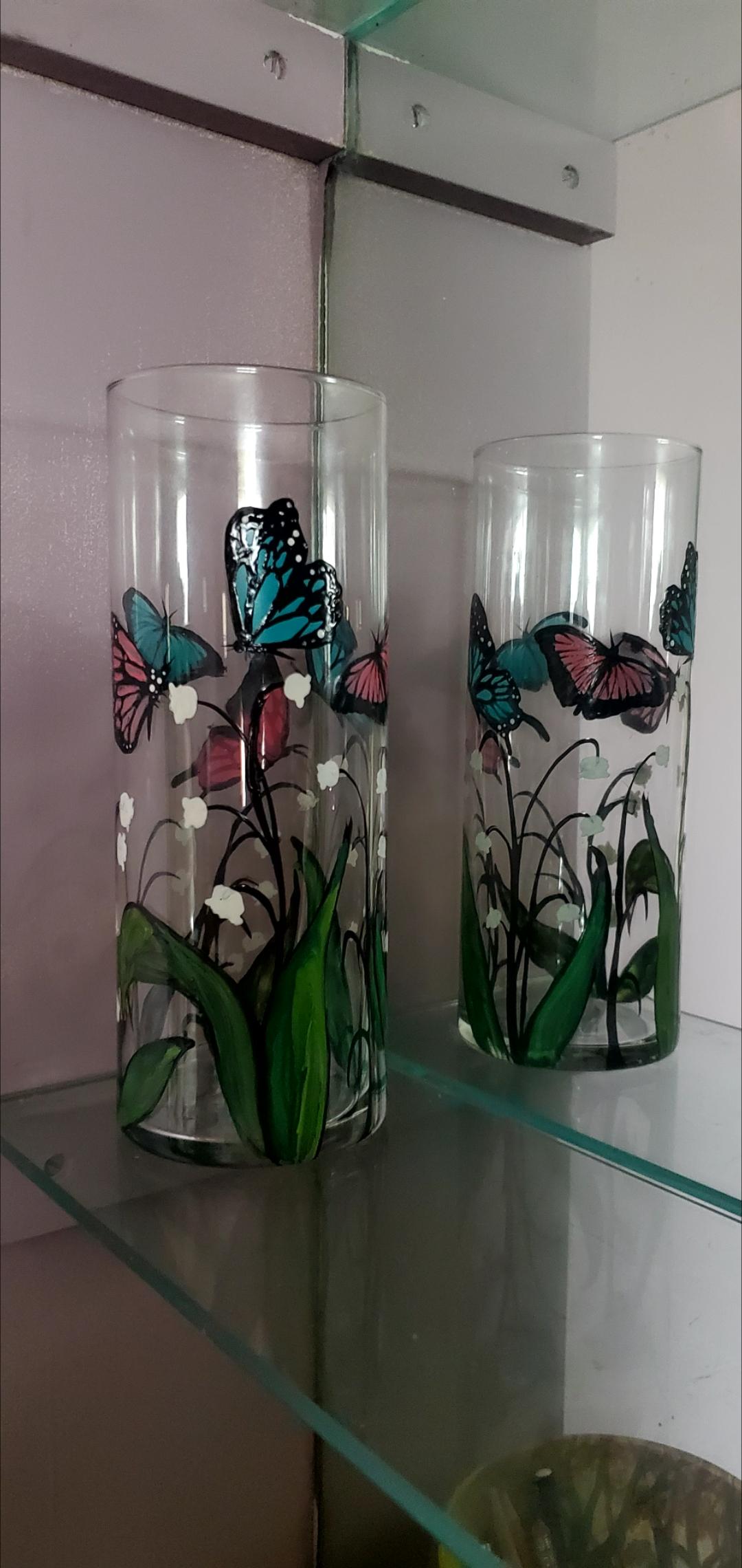 Hand Painted Butterfly & Lily of the Valley Glass Candle Holder (3x9") - Thumbnail 6