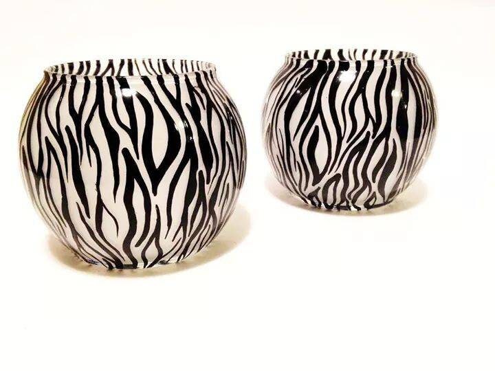 One candle holder zebra shadow tea light hand painted glass bowl 4x4" - Thumbnail 3