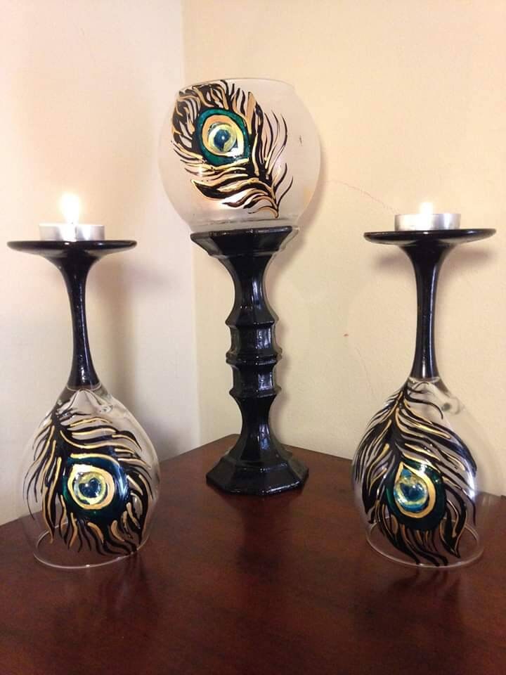 Peacock feather candle holder handpainted tea light glass bowl set of 3 - Thumbnail 2