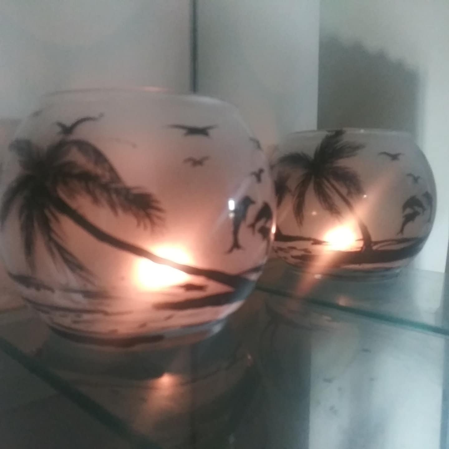 Hand Painted Dolphin Candle Holder: Frosted Blue Glass, Beach Decor - Thumbnail 4