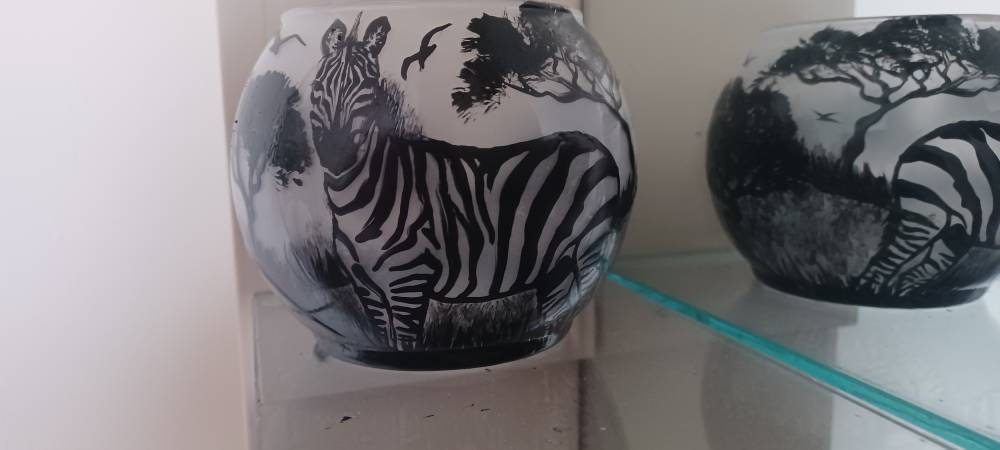 Zebra in savanna hand painted candle holder 4"x5" - Thumbnail 2