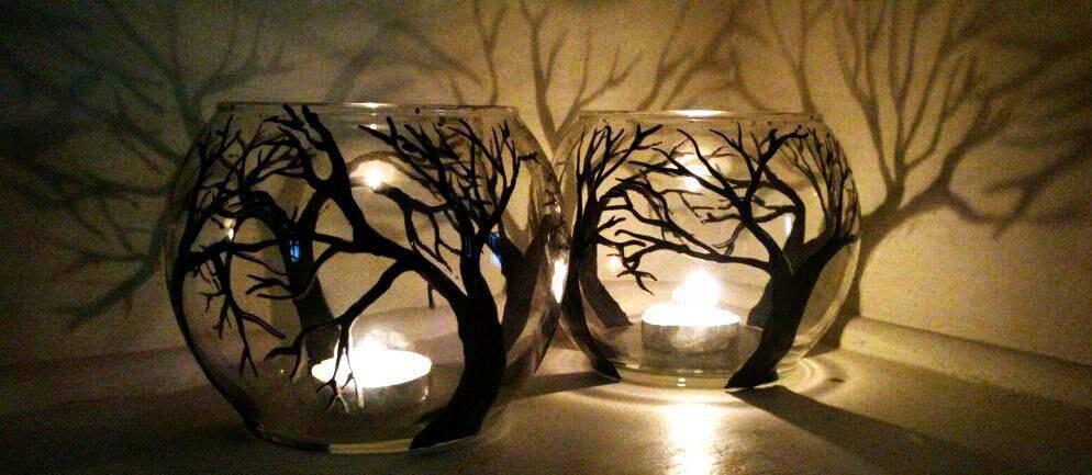 Hand Painted Tree Glass Candle Holder Vase - Black Silhouette - Thumbnail 7