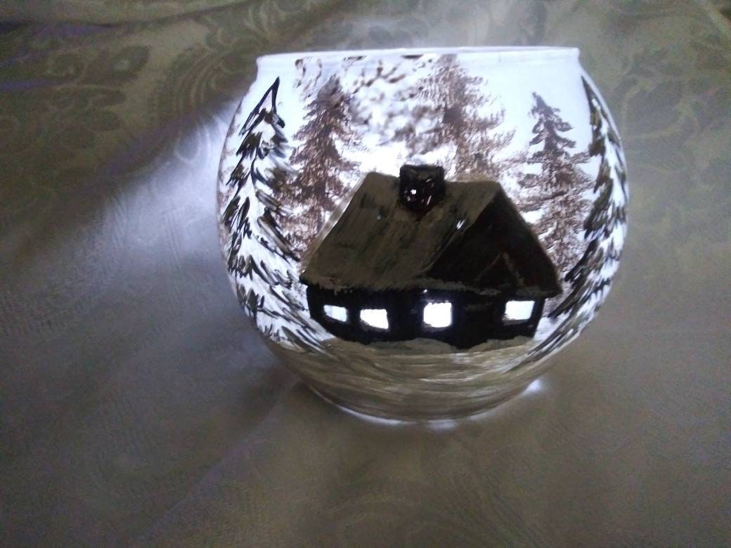 House on the forest winter hand painted candle holders - Thumbnail 4