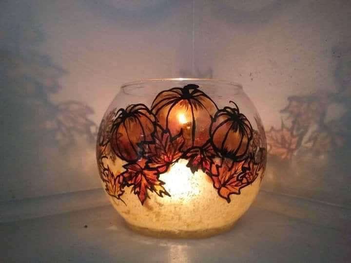 Pumpkin candle holder and fall leaves 4x4" glass bowl hand painted Thanksgiving gift light - Thumbnail 2