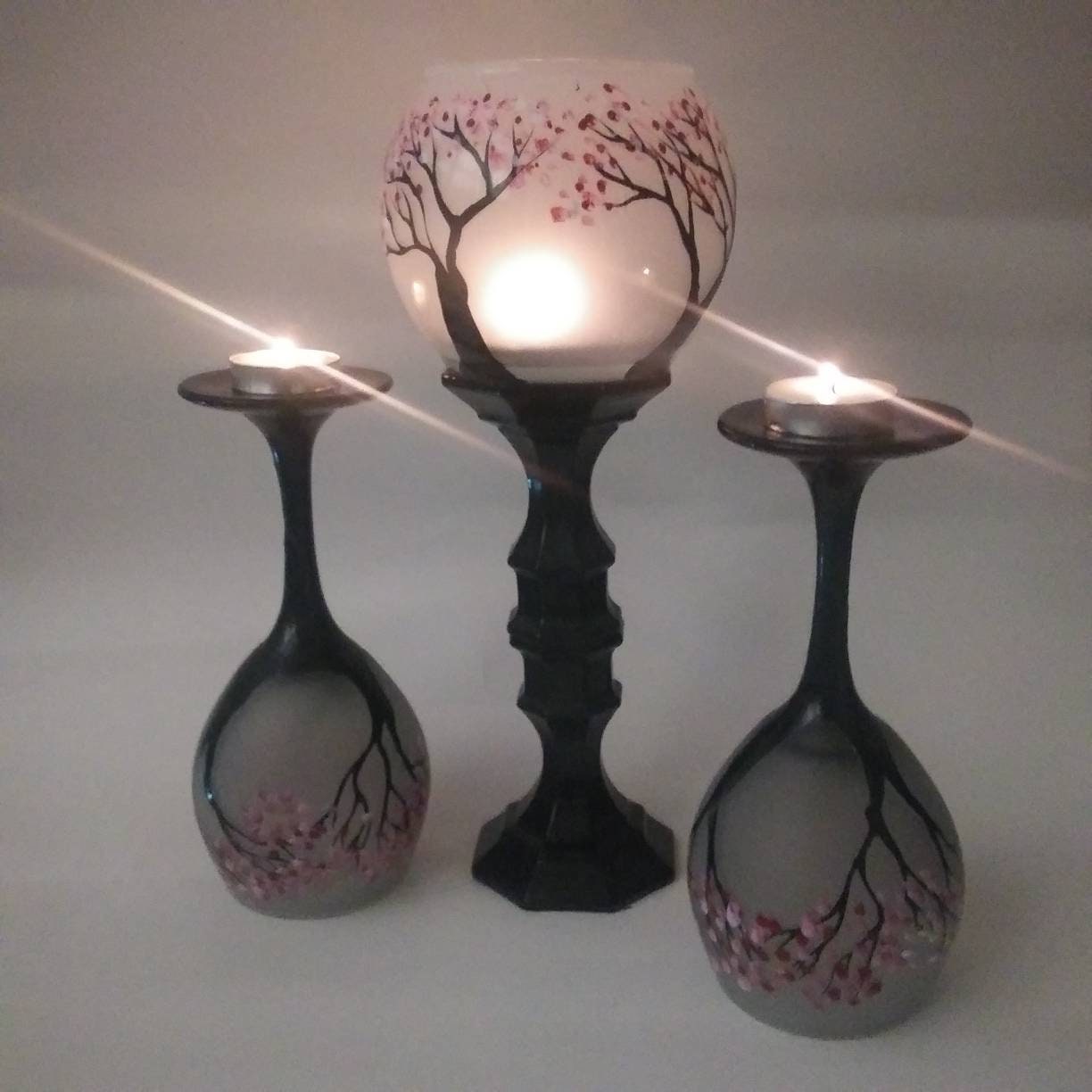 Cheery blossom trees Candle holder set of 3 hand painted glass - Thumbnail 2