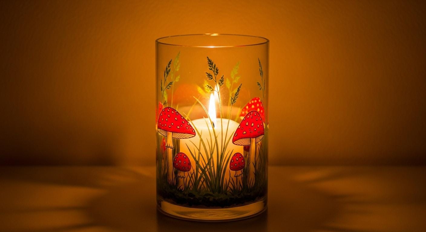 Hand painted Mushroom Candle holder and vase fairy house gift 9"  cylinder glass - Image 1