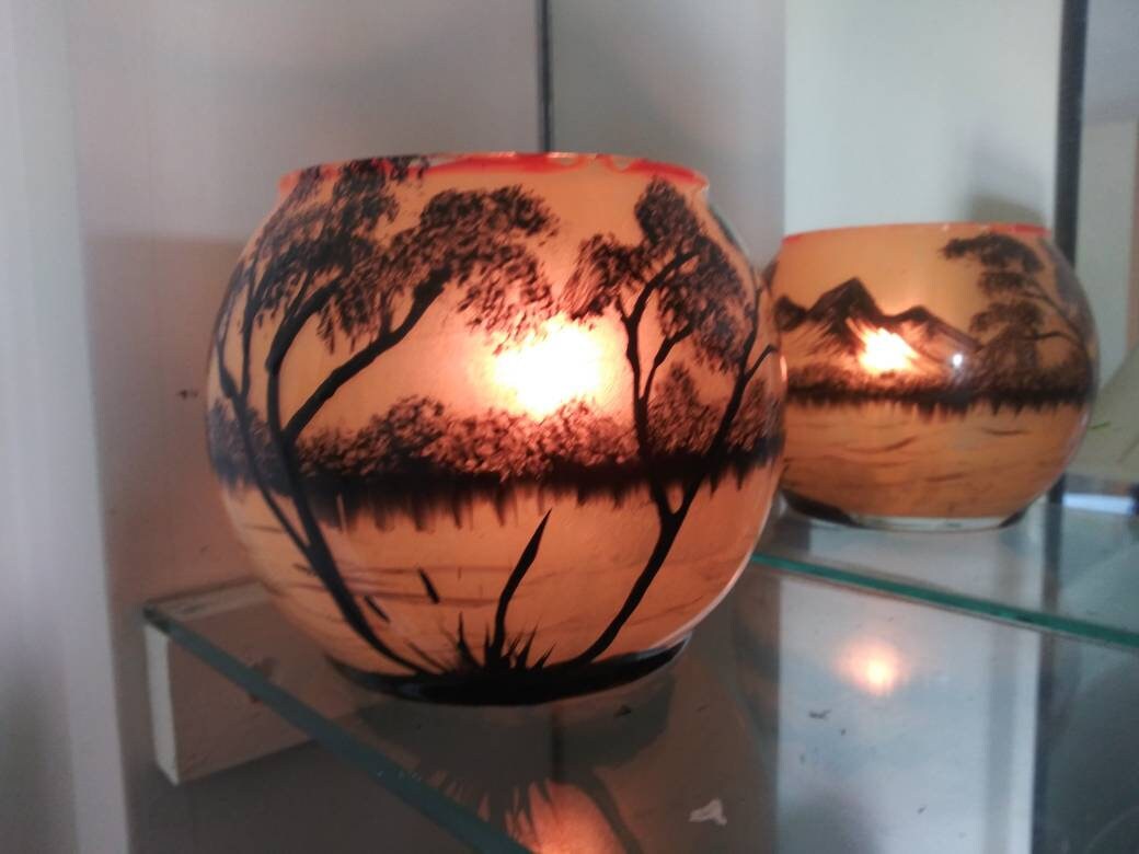 Hand‑Painted Mountain Landscape Candle Holder – Sunset Trees & Lake Silhouette, Unique Nature‑Inspired Gift - Thumbnail 5