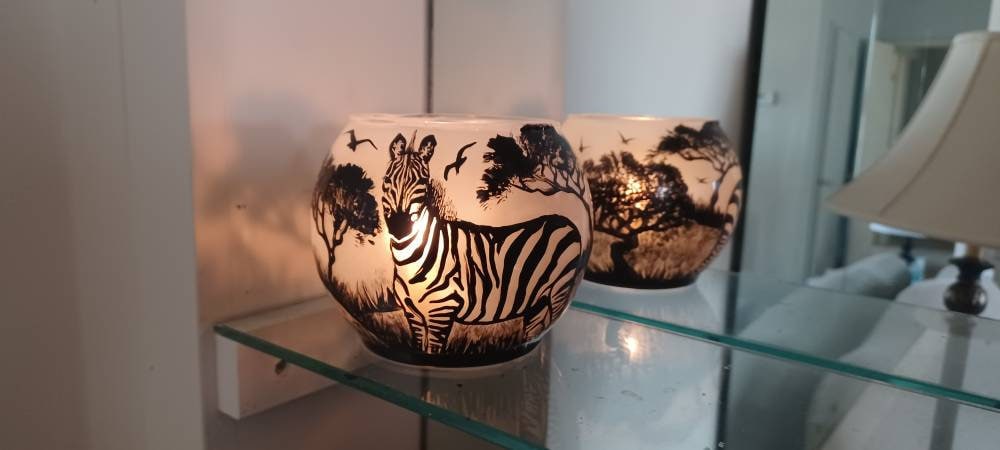 Zebra in savanna hand painted candle holder 4"x5" - Thumbnail 3