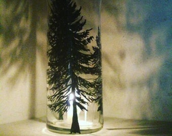 pine trees shadow hand painted cylinder glass candle holder