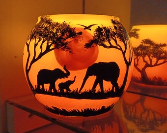 Mom Elephant and baby elephant family with baby in savanna sunset colors hand painted candle holder glass bowl "candle not included "