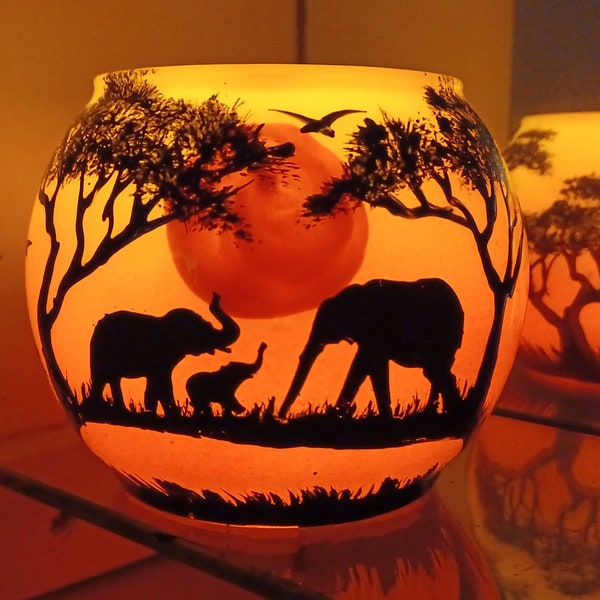 Mom Elephant and baby elephant family with baby in savanna sunset colors hand painted candle holder glass bowl "candle not included "