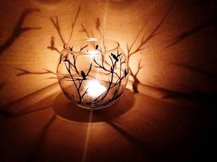 Handpainted Bird Tea Light Holder: Black Branch Glass Bowl (4x4") - Thumbnail 3