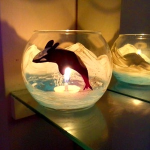 Orca killer whale in ocean and mountain hand painted candle holder