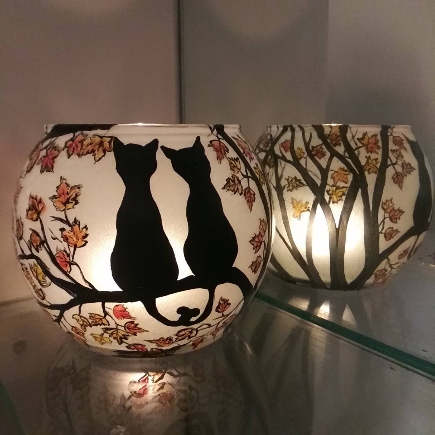 Hand Painted Cat Candle Holder: Autumn Leaves, Whimsical Gift - Thumbnail 7