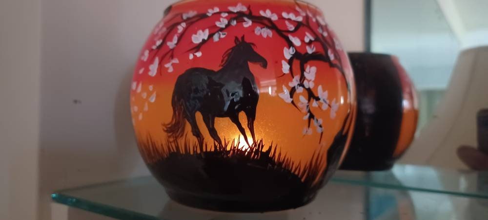 Horse and white cherry blossom tree with sunset hand painted candle holder - Thumbnail 7
