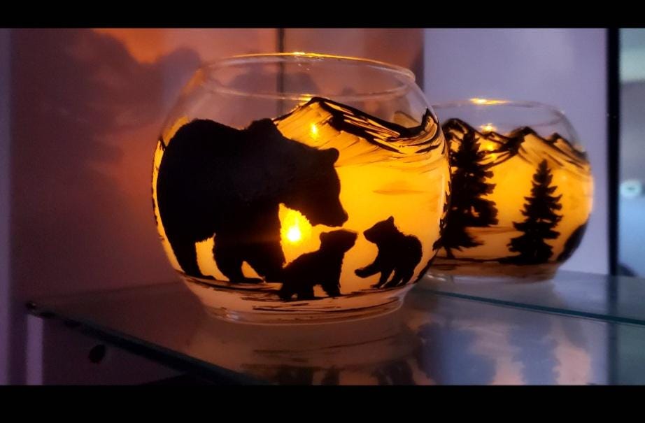 Hand Painted Bear Landscape Candle Holder (4x5) - Thumbnail 2