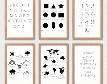 Conjunto de carteles educativos 6 impresiones de educación en el hogar, decoración del aula Montessori Decoración neutral para niños Decoración de sala de juegos para niños pequeños Descarga digital