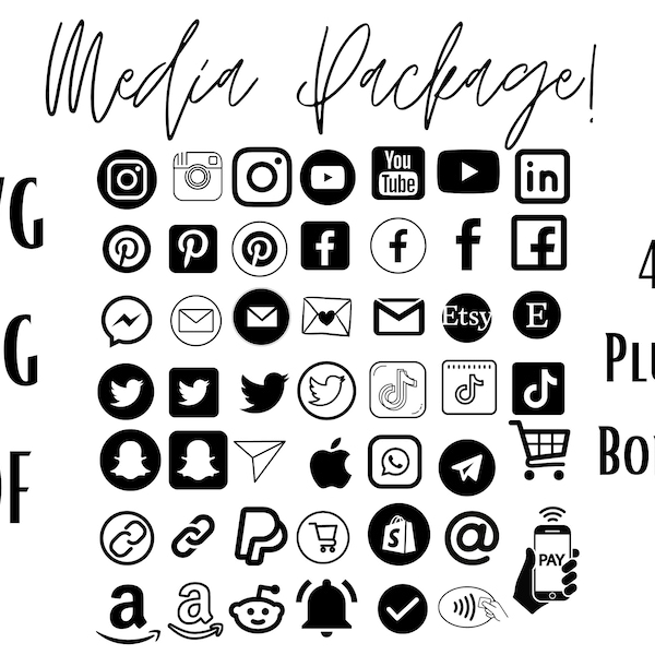 Media Transparent Icons SVG Bundle | 48 Icon Logos + Bonus Page | Facebook | Instagram | Pinterest | YouTube | Twitter | Social Media