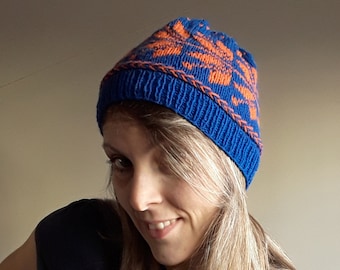 PDF Knitting Pattern, Snowy Flowers hat in wool - norwegian stranded colorwork, latvian braid, hat, beanie, unisex child adult