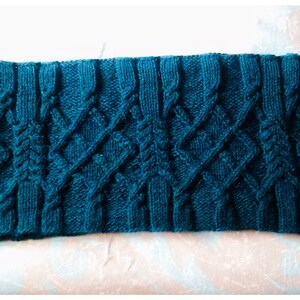 Può includere: Una sciarpa di lana blu turchese con un motivo a treccia.