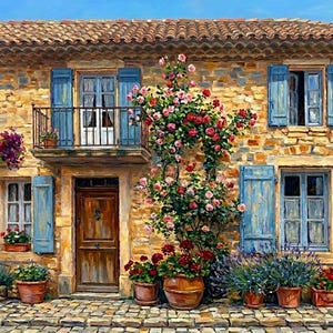 Può includere: Dipinto a olio di una casa in pietra con persiane blu e una porta marrone. La casa è adornata da rose rampicanti e piante in vaso. È visibile un balcone con ringhiera nera. La scena è ambientata in una strada acciottolata.