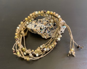 Handmade Glass Beaded Hemp Bracelet - Brown & Cream