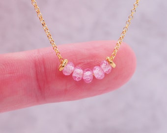 Dainty Necklace Pink Topaz 14k Gold Filled, Minimalist with Tiny Organic Gold Beads