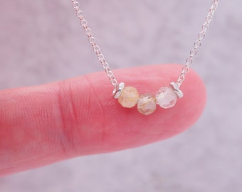 Golden Rutilated Quartz Necklace Tiny Dainty, Sterling Silver Simple Necklace