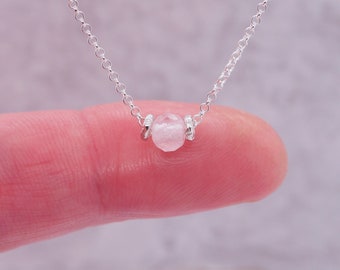 Dainty Morganite 5mm Necklace Sterling Silver Choker, Very Tiny and Minimalist