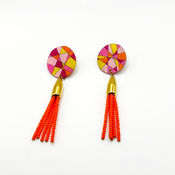 De Stijl Circle Earring Studs with Gold Tassel Cap and Orange Beads