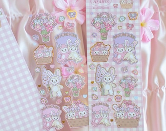 Bloom Sticker Sheet, kawaii animal original characters, daisy, cherry blossom, cottagecore, bunny dog and bear, journaling stationary