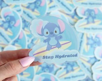 Stay Hydrated Stitch Sticker, clear water bottle sticker original design, aloha, ocean, fantasy, kawaii, vinyl clear sticker, waterproof,