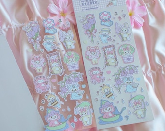 Blossom Sticker Sheet, kawaii animal original characters, flowers, sakura, cottagecore, bunny dog and bear, journaling stationary
