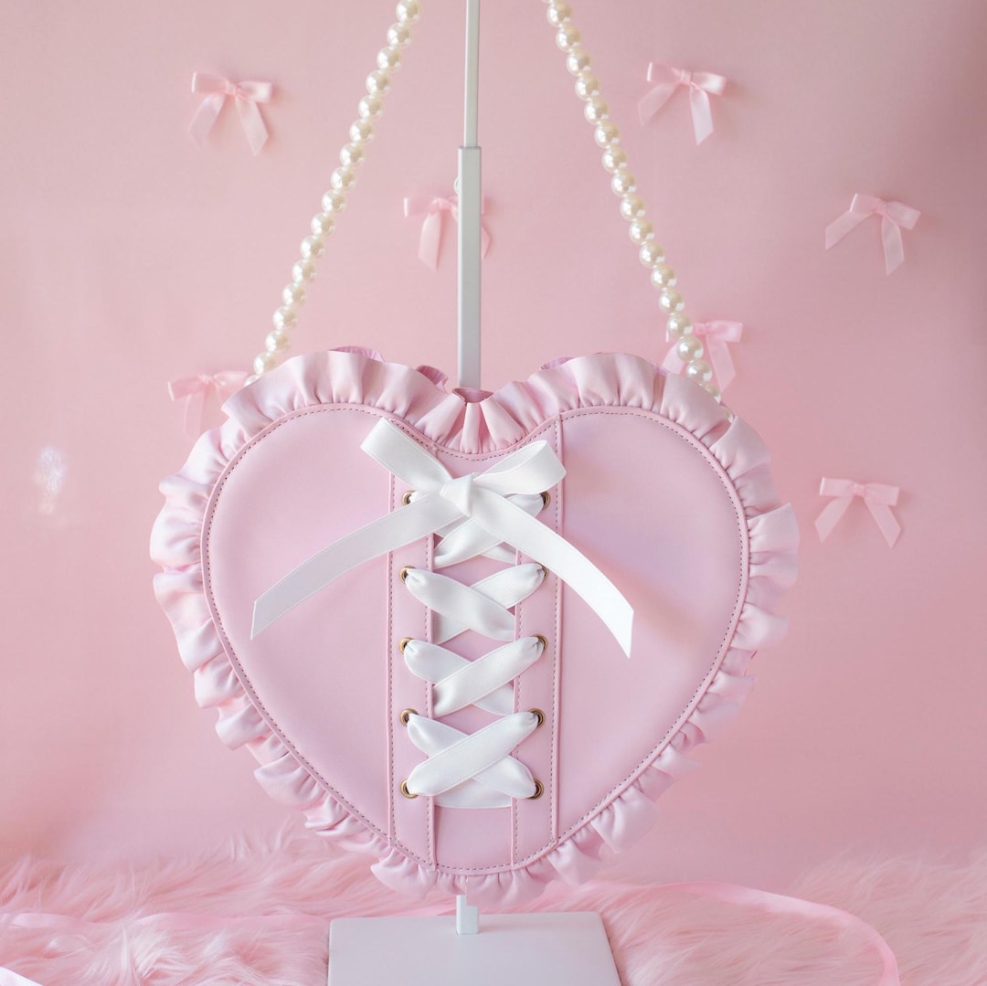 Pink Dahl Bag, Ribbon Bow Lace up Detail in Coquette and Kawaii Style, Pastel Pink, Heart Bag ...