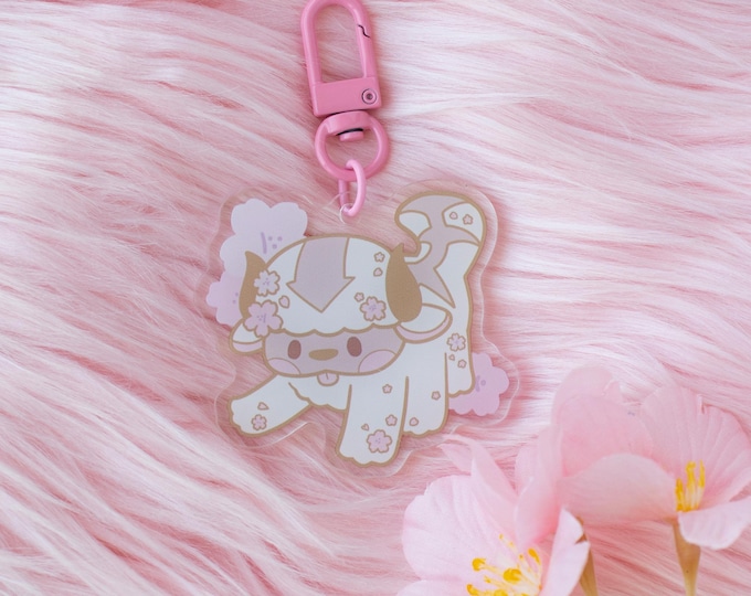Appa Acrylic Charm, printed keychain, pink clasp, kawaii animal, atla, yip yip, cute animal, anime, cartoon, sakura, cherry blossom, flower