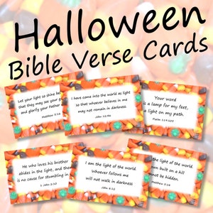 Christian Halloween Bible Verse Cards for Candy, Religious Halloween Scripture Cards, Candy Corn, Jesus,  Bible Study, Devotional
