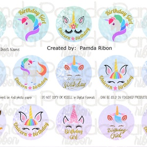 happy birthday unicorn bci/ digital down load/*instant down load*/ unicorn/ 1 inch circle image/ 4x6 sheet/ printable sheets/ print at home