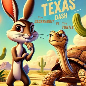 May include: A cartoon illustration of a brown jackrabbit and a green turtle in a desert setting. The text reads "South Texas Dash The Jackrabbit vs The Turtle" with the authors' names below.