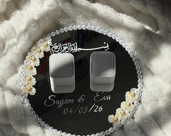 Bandeja personalizada con espejo y borde de perlas para anillos de compromiso, soporte para anillos de boda Nikkah.