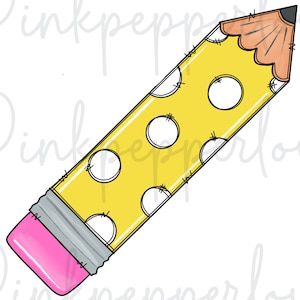 Può includere: Una matita gialla con pois bianchi, una gomma rosa e una ghiera grigia. La punta della matita è marrone chiaro. La matita è un materiale da disegno o scolastico.