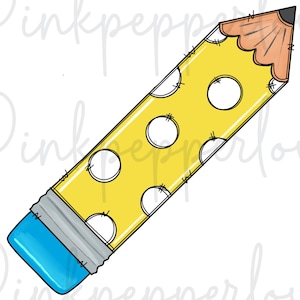 Può includere: Una matita gialla con pois bianchi e una gomma blu. La punta della matita è marrone chiaro. La matita è un disegno o un'illustrazione.