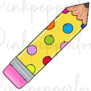 Può includere: Una matita gialla con pois colorati, una gomma rosa e una fascia metallica grigia. La punta della matita è marrone e nera. La matita è un design divertente e stravagante.