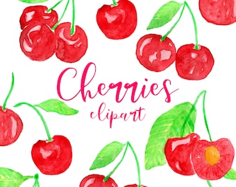 Cherries clipart, watercolor cherry clipart, food clip art, fruit, summer, cooking, fruit watercolor, commercial use