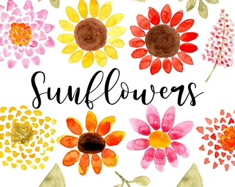 May include: Watercolor painting of sunflowers, with the word "Sunflowers" written in black cursive script.