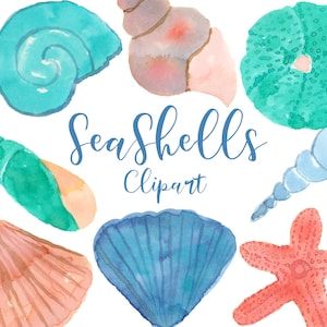 Conchiglie Clipart, clip art acquerello mare, Stelle marine clipart, spiaggia, estate, in fondo al mare, scrapbooking