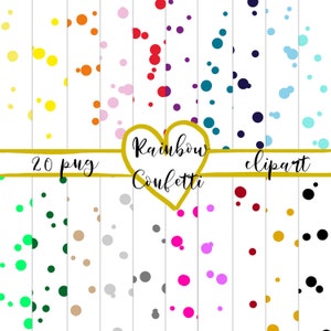 Può includere: 20 immagini clipart digitali PNG di coriandoli arcobaleno. Ogni immagine presenta un colore di coriandoli diverso su uno sfondo bianco.