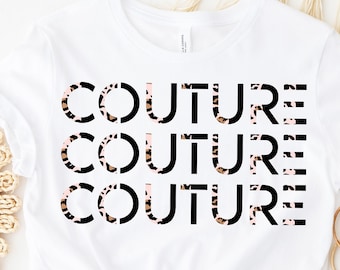 May include: White t-shirt with the word "COUTURE" repeated three times in black text. The text is layered over a leopard print pattern.