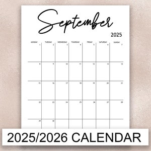 Calendario 2025 / 2026 stampabile, calendario mensile PDF, formato lettera, A4, minimalista, calendario verticale, calendario bianco e nero