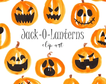 Jack-o lantern, Halloween watercolor, scary clip art, pumpkin clip art, Thanksgiving, digital download, commercial use